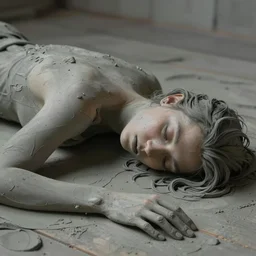 man made of grey clay lying on floorboards