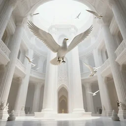 the temple of the dystopian birds, interior, birds flaying in the air, immaculate scale, futuristic surrealism, detailed