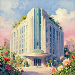 a painting of an art deco building surrounded by flowers, a watercolor and matte painting by beeple and rhads and mark keathley, wes anderson, cgsociety, artdeco, dystopian art, retrofuturism, sci - fi, artstation hq