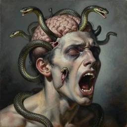 an oil on canvas painting of a screaming decapitated man's partially decomposing face and many biting serpents swarming out of his exposed brain, a surrealist painting, polycount, surrealism, surrealist, lovecraftian, cosmic horror, high detail