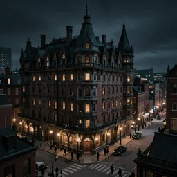 haunted gothic hotel, boston 1 9 2 5 overlooking a dark street, photorealistic, dark, atmospheric lighting, painted, intricate, ultra detailed by leesha hannigan, thierry doizon, kai carpenter, well composed, best on artstation, cgsociety, epic, stunning, gorgeous, intricate detail, wow, masterpiece