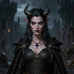 a highly detailed color illustration portrait of a female tiefling, dark castle setting, cinematic, horror art, pathfinder portrait, d & d portrait, hires, 4 k, symmetrical, centered, art by michael whelan, frank frazetta, tim hildebrandt, gerald brom, keith parkinson, boris vallejo