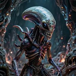 space alien, slimy, glossy, sharp teeth, by h. r. giger, nightmare fuel, nightmarish, intricate, highly detailed, optical illusion, stranger things demogorgon, cave lighting, flickering