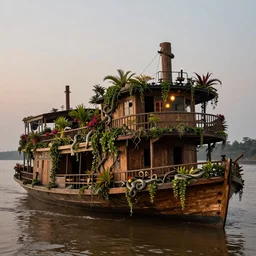 A wooden, rugged 1880's steamboat overgrown with vines, flowers, snakes, and exotic vegetation floating on the Amazon river. Faint lights from within. Beautiful close up photo by National Geographic. Photo by Roger Deakins. Photorealistic. Dusk colors. Volumetric lights. Mist. hyper-maximalistic, with high detail, cinematic, 8k resolution, beautiful detail, insanely complex details.