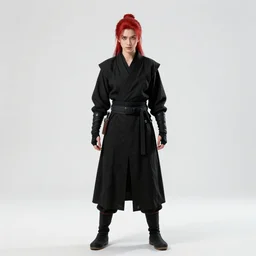 red-haired ninja in black garb, cinematic studio photo, full body, standing, isolated on a pure white background, centered, whole figure in frame, sharp focus, studio lighting