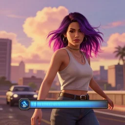 a stunning GTA V loading screen with a beautiful woman with ombre hairstyle in purple and pink blowing in the wind in the city at sunset, outrun, vaporware, retro, cumulus couds, digital art, trending on artstation