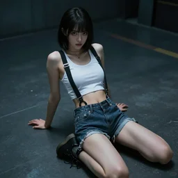 a beautiful girl posing on the floor, wearing shorts with suspenders, cyberpunk, dramatic lighting, high detail, concept art, artstation, by Paolo Eleuteri Serpieri