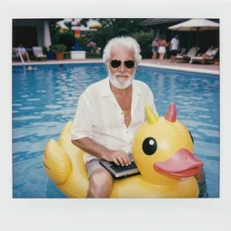 an old man with white hair and a white beard, wearing gold wire frame sunglasses, wearing a white patterned button down shirt open three buttons to show his chest, wearing a thin gold chain necklace with a gold pendant, with a laptop in his lap, sitting on top of a yellow duck thing pool float with pink lips big eyes and three rainbow horns, in an empty pool, in a resort with people walking around in the background, aged polaroid vacation photo style