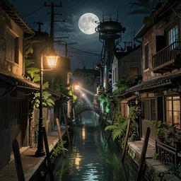 a canal in venice at night with streetlights, dystopian, steampunk style, Miyazaki tekkonkintreet Teikoku Shounen style, amazing Traditional Japanese alley lane on full moon, machinery and wires, lush vegetation and ferns, sun rays, octane render, trending on artstation, hyper detailed, cinematic
