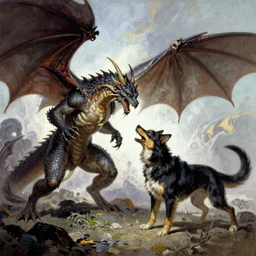 A cat dragon fighting a Dog dragon  by Lucas Graciano, Frank Frazetta, Greg Rutkowski, Boris Vallejo, epic, fantasy, character art, high fantasy