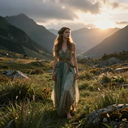 lovely and mystical nature nymph in a beautiful alpine high moorland landscape, Fai, sunrise, Artstation