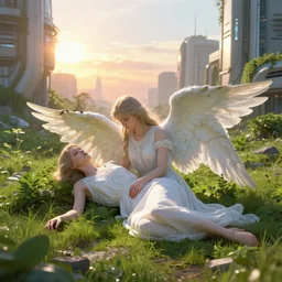 a sad portrait of an angel buried alive in a abandoned futuristic city covered by vegeration, sunset, bright light, hyperdetailed, artstation, cgsociety, 8 k