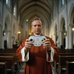 a priest in a church holding up a nintendo gamecube, cinematic, 35mm film