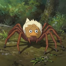 Scary spider duck with 8 legs and 6 eyes crawling towards the camera, in Spirited Away (2001), style Studio Ghibli, detailed