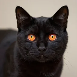 A portrait of a black cat with orange and red eyes