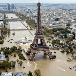 aerial photo of paris with a flood of 6 0 meters high, realistic, 4 k
