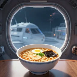 a bowl of ramen in front of a large spaceship window looking out towards the planets, minimal 1 9 7 0 s scifi illustration, by arthur c clarke,