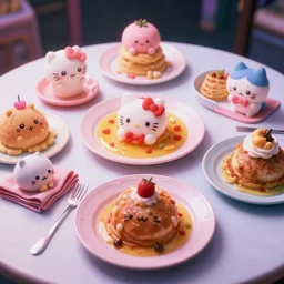 a bright table setting of kawaii dishes, highly detailed, small details, cinematic lighting, moody aesthetic, pop aesthetic, faded effect, vaporwave aesthetic,