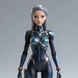 Abstract tech portrait of a beautiful female dollpunk with thin lustrous hair wearing a full bodysuit, focus, detailed, realistic eyes, symmetric body features proportions, intricate details, award winning, by Tom Bagshaw