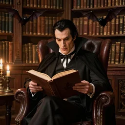 dracula sits reading in his library, bats, brom