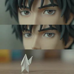 beautiful three point perspective film still of origami decker in blade runner, extreme closeup portrait in style of frontiers in miniature porcelain photography fashion seinen manga edition, miniature porcelain portrait, eye contact, tilt shift style scene background, soft lighting, kodak portra 4 0 0, 8 k, macro, cinematic style by emmanuel lubezki