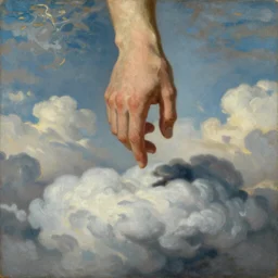 a painting of a hand descending from the clouds demand payment for daily existence, in the style of an epic Thomas Cole painting
