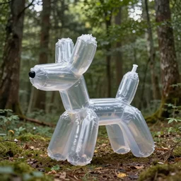 an inflatable koons balloon dog made of clear plastic sheeting. the koons balloon dog sits at the edge of a forest. ultra wide shot, octane render, 8 k, photorealistic