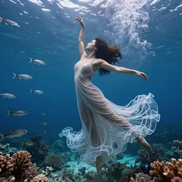 woman dancing underwater wearing a long flowing dress made of many layers of translucent beads, coral sea bottom, swirling schools of silver fish, swirling smoke shapes, octane render, caustics lighting from above, cinematic, hyperdetailed