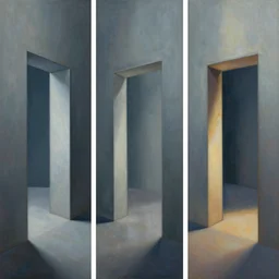 triptych style painting showing walls with portals to another, sharp focus, world, digital, detailed artist, wlop artgerm