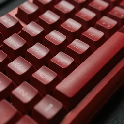 photorealistic red mechanical computer keyboard, 8k, closeup macro photography