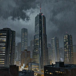 a beautiful painting of a scifi city at night, skyscrapers, heavy Rain, photorealistic, matte painting, 8k, long exposure photo, low angle, Greg rutkowski