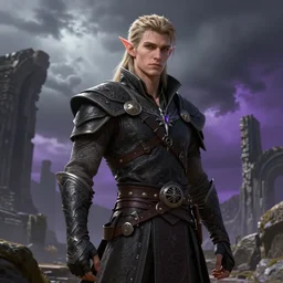 portrait of a slim young male elf from dragon age inquisition, ancient ruins in background, storm sky, gradient gray to purple, realistic, art by artgerm, matt rhodes and nick thornborrow, concept art, digital art, high detailed, smooth, sharp focus illustration, volumetric light, artstation