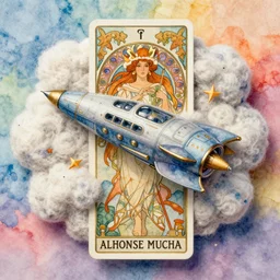 a watercolor art of spaceships in shape of wool felting clouds illustration by alphonse mucha solarpunk style, book cover, colorful background, 4 k resolution, hugh detailed, matte painting, tarot card style, character design