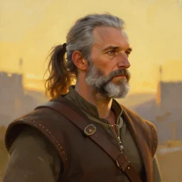 a stunning painting of dave foley with a grey ponytail and short grey beard dressed as a medieval explorer, james gurney, digital art, golden hour