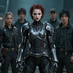 A portrait of a female cyborg in armour heellraiser by Greg Rutkowski, Sung Choi, Mitchell Mohrhauser, Maciej Kuciara, Johnson Ting, Maxim Verehin, Peter Konig, final fantasy, 8k photorealistic, cinematic lighting, HD, high details, dramatic, atmospheric , trending on artstation