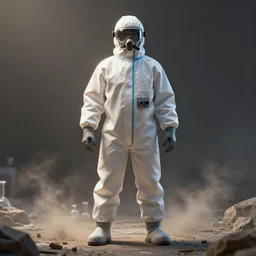 scientist in a biohazard suit in full growth, fashion, render, volumetric light, artstation, fine details, digital art, symmetrical, dramatic light, dust in air