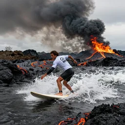 medium shot of a person wearing a sponsored team jersey surfing down a river of lava on the side of a volcano on surfboard, action shot, dystopian, thick black smoke and fire, sharp focus, medium shot