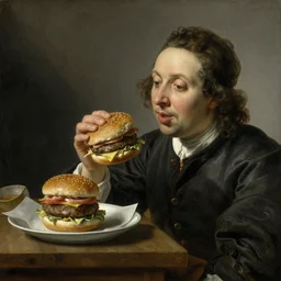 view of man watching hamburger. dutch masters, 1 8 th century. oil on canvas. juicy, fresh, delicious, mouth - watering