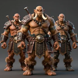 hyper realistic group vintage photograph of a warrior orc tribe, tall, muscular, hulk like physique, sharp fangs and tusks, big arms, big hands, big feet, armored, tribal paint, highly detailed, 3 d render, unreal engine, octane render, cgi, vfx