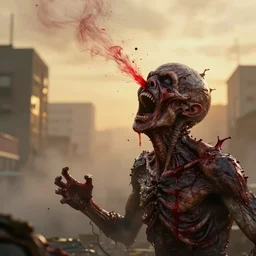 an infectious horrific organism eats people alive in a city as the scream in agony and red fluid spews out of their head, hdr, 8 k, volumetric lighting, mist, golden hour background, octane render, depth of field,, hyperrealistic, by alex ross hr giger moebius zdzislaw beksinski, octane render, warm color lighting, photorealistic