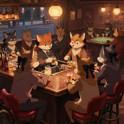 several adult fursona characters chatting, a furry wearing black ribbons, city streets background outside of the bar. a crowd of furries drinking at the tavern. bartender ox cleaning a glass behind the counter. moody lighting. red bar stools. whiskey and wine and beers. some tough dog guys playing poker in the distant corner.