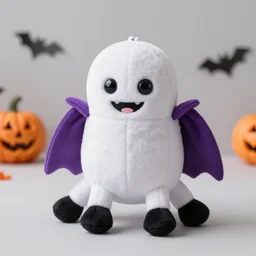 an four legged vampire plush trick or treating on halloween night, with a cartoonish jack o lantern face, by the sanrio company, real, photography, halloween decorations, suburbs, sidewalk, houses, pink, yellow, black, ground level shot, macro camera, focused, night, colorful led lights, chromatic aberration