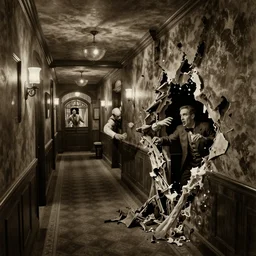 horrifying action scene sepia painting of a 1 9 2 0 s hotel hallway twisting horizontally and ripping apart, clyde caldwell, h. p. lovecraft, atmospheric lighting, brooding, painted, intricate, ultra detailed, well composed, best on artstation, cgsociety, epic, horror, stunning, gorgeous, intricate detail, much wow, masterpiece, cinematic aesthetic octane render, 8 k hd resolution,