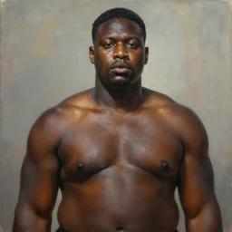 A portrait of a thick powerful and gorgeous non-binary person, dark black skin tone, oil painting by Kehinde Wiley, majestic, detailed, high resolution