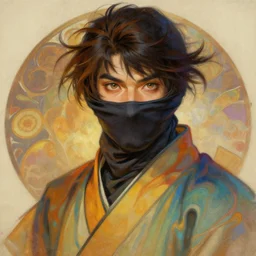 portrait soft painting of a ninja wearing flowing colourful clothes, highly detailed face, detailed eyes, alphonse mucha, rhads, ross tran, artstation, artgerm, octane render