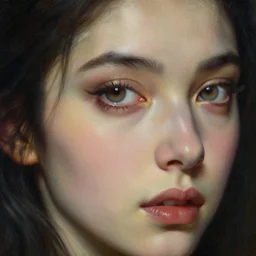 high quality extremely detailed closeup portrait of a young gorgeous female necromancer looking away from the camera, detailed eyes, sparkle in eyes, no hands visible, fantasy, d & d, intricate, painting by lucian freud and mark brooks, hd
