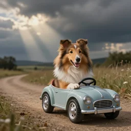 a sheltie driving a toy car, romantic painting