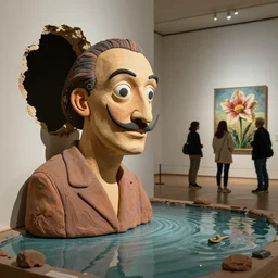 plasticine sculpture stop motion. salvador dali clay models. visitors. john craxton. gallery painting of flower. water floor. room with a hole in wall. high detail. photorealistic