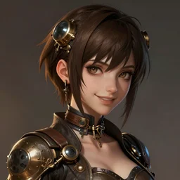portrait of a beautiful steampunk girl with short brown hair, men's haircut, and smiling, dramatic lighting, illustration by greg rutkowski, yoji shinkawa, 4 k, digital art, concept art, trending on artstation