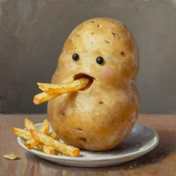 an oil painting of a living potato with tatoos eating fries